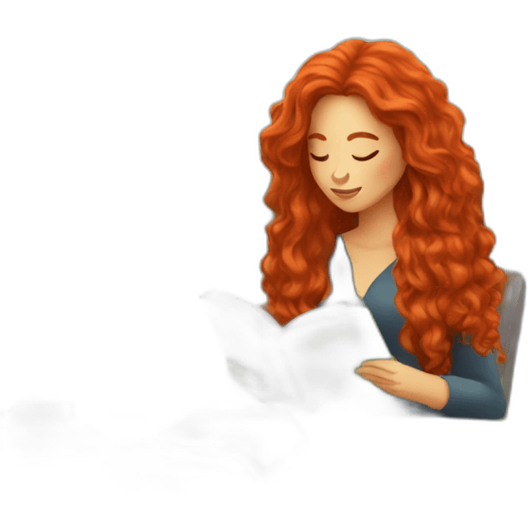 woman with long curly red hair reading a book with a glass of wine in a park emoji