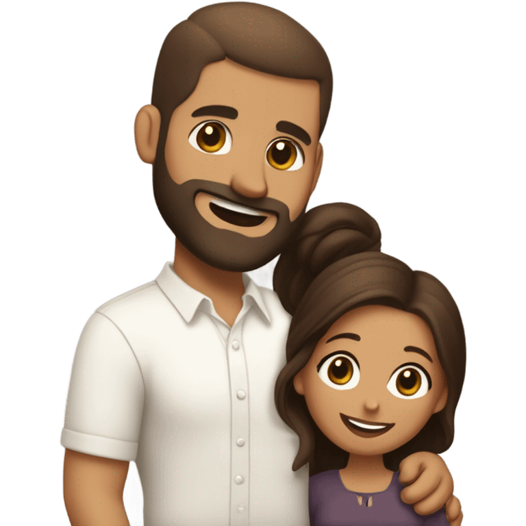 Brown-haired Puerto Rican woman with dark brown eyes wearing a cute blouse giving a comforting hug to a short, bald man with brown eyes, laugh lines, and a beard emoji