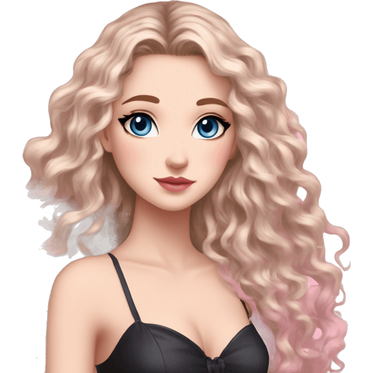 White girl 🧝🏻‍♀️, blue eyes, blond very long curly hair, pink lips, black arrows and brown eyeshadows, pink gradient sexy dress. Background long. Sakura levitate. emoji