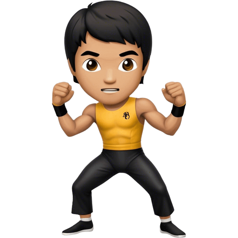 Cinematic Realistic Bruce Lee Pop Culture Emoji, featuring a dynamic portrayal of the legendary martial artist rendered with crisp detail and energetic lighting. emoji