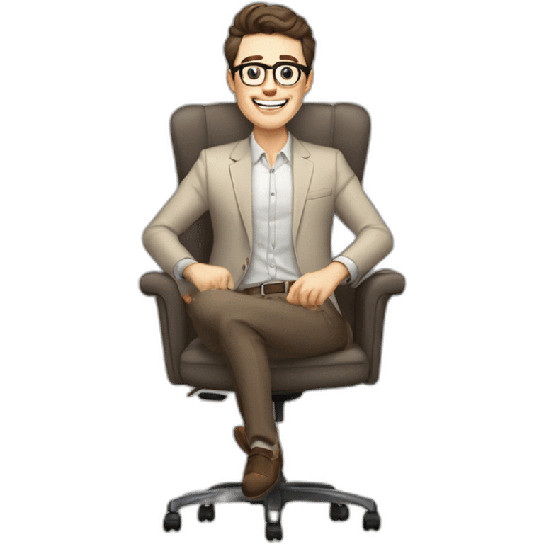 Joyful Celebrating victory Pale skinned Fit Man With dark brown hair in gray jacket, beige office shirt, Brown pants and vintage glasses sitting In a soft chair emoji