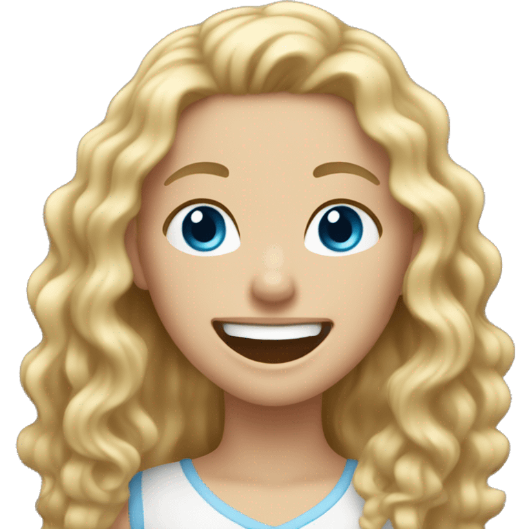 White Girl with long blond curly hair and blue eyes laughing emoji