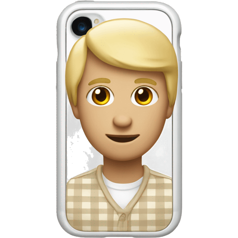 white iPhone 14 with beige checkered case emoji