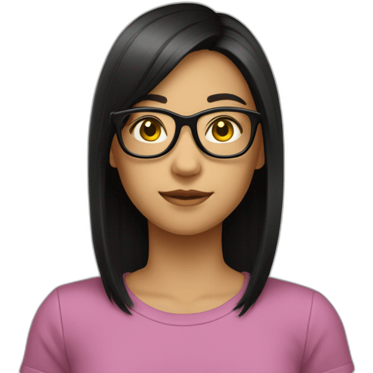 a teenager girl with straight  middle black hair wear black glasses yellow skip emoji