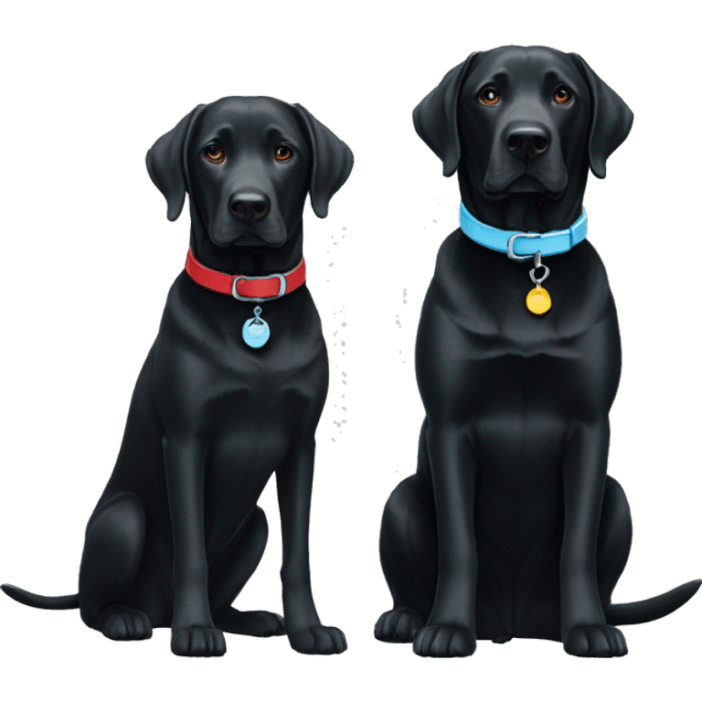 2 dogs, black labradors. one on the left bigger. The dog on left with a red collar. dog on right with light blue collar. emoji