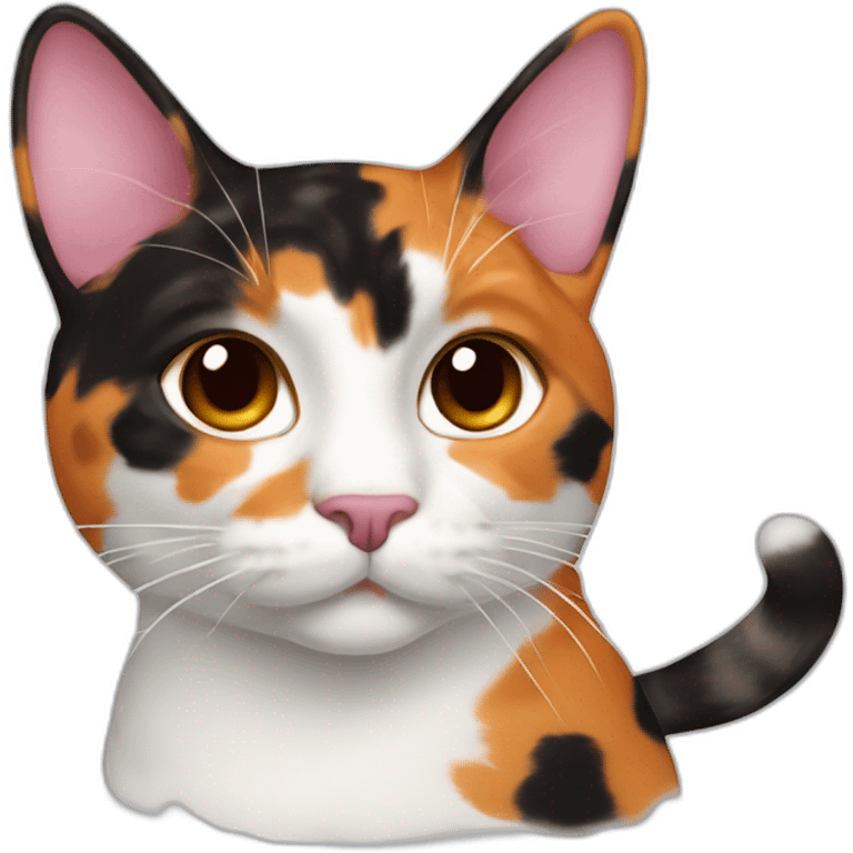 Calico cat with orange, brown and black pattern on its face but it’s mostly white. Cat has pink nose with brown dot emoji