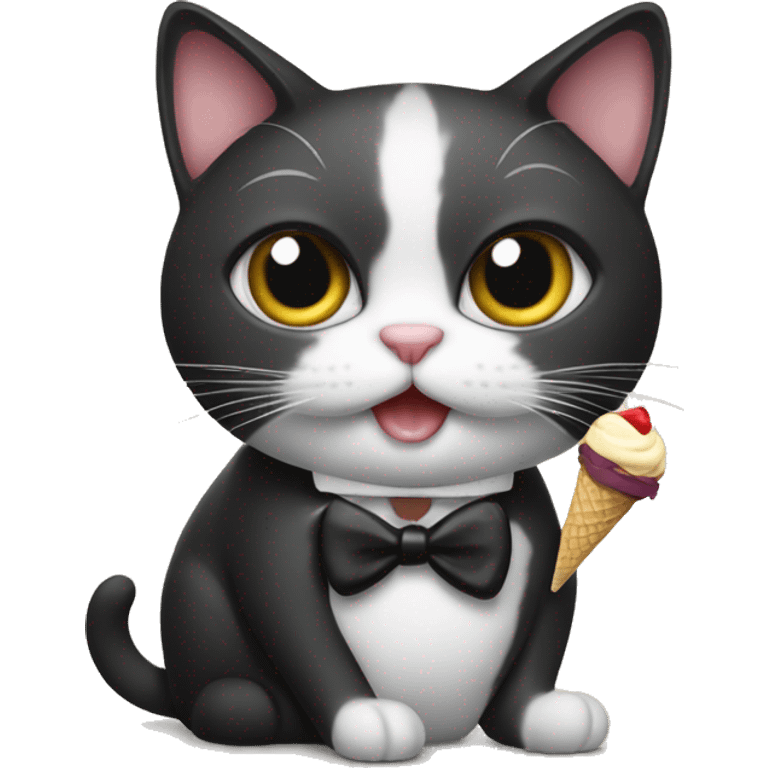 small cat with a tuxedo eating ice cream emoji