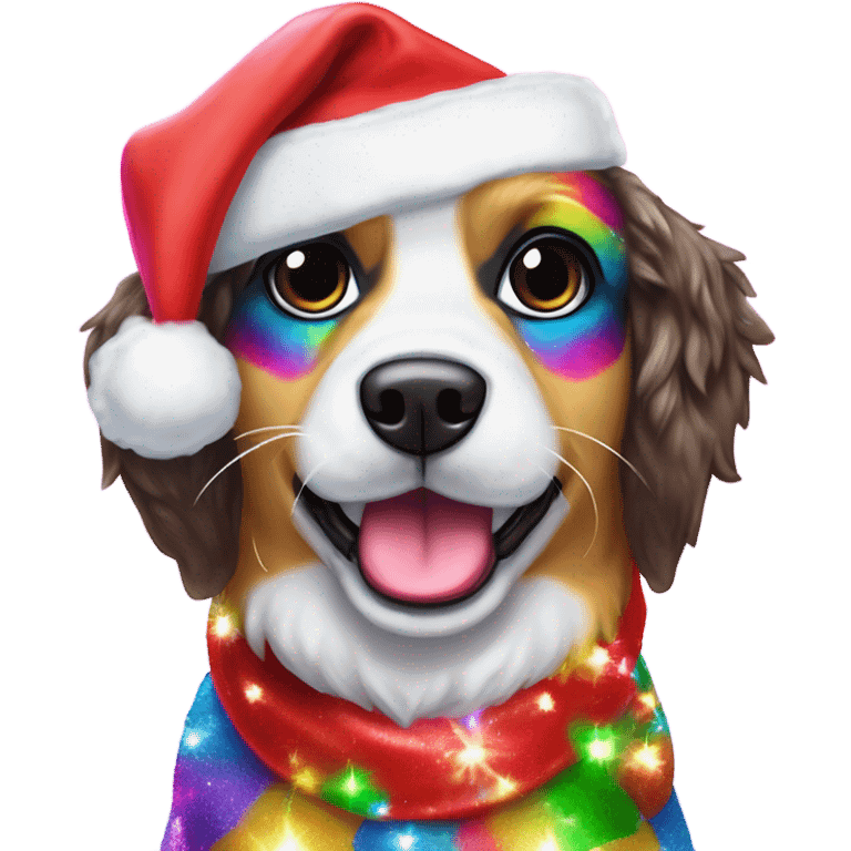 Lisa frank Christmas sparkle￼ dog with Santa hat emoji