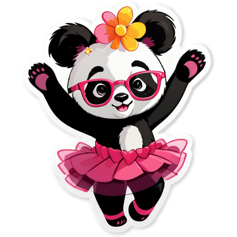  Cute female Panda wearing a tutu and glasses with a flower above 1 ear dancing  emoji