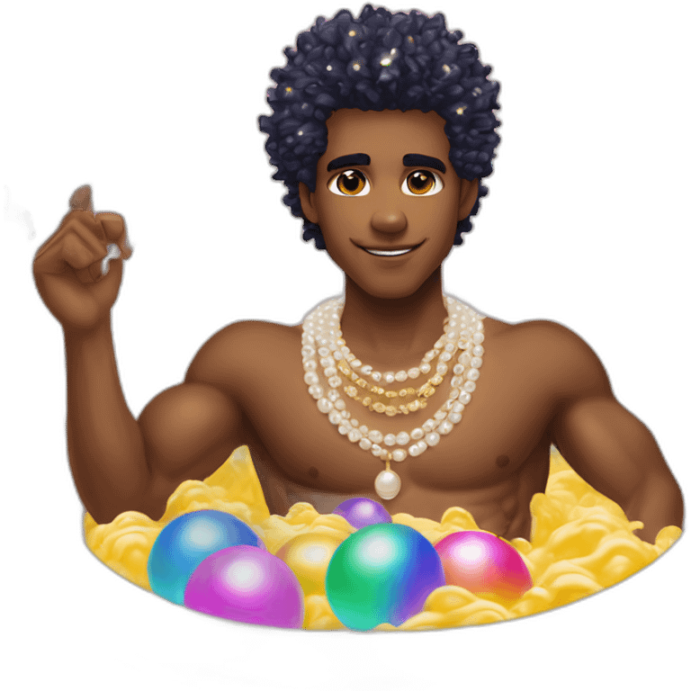 posh-muscle-boy-with-pearl-necklace-and-rainbow-unicorn-hair-in-golden-bathtub emoji