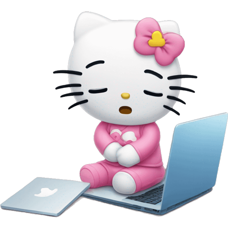 hello kitty crying while sitting at the laptop emoji