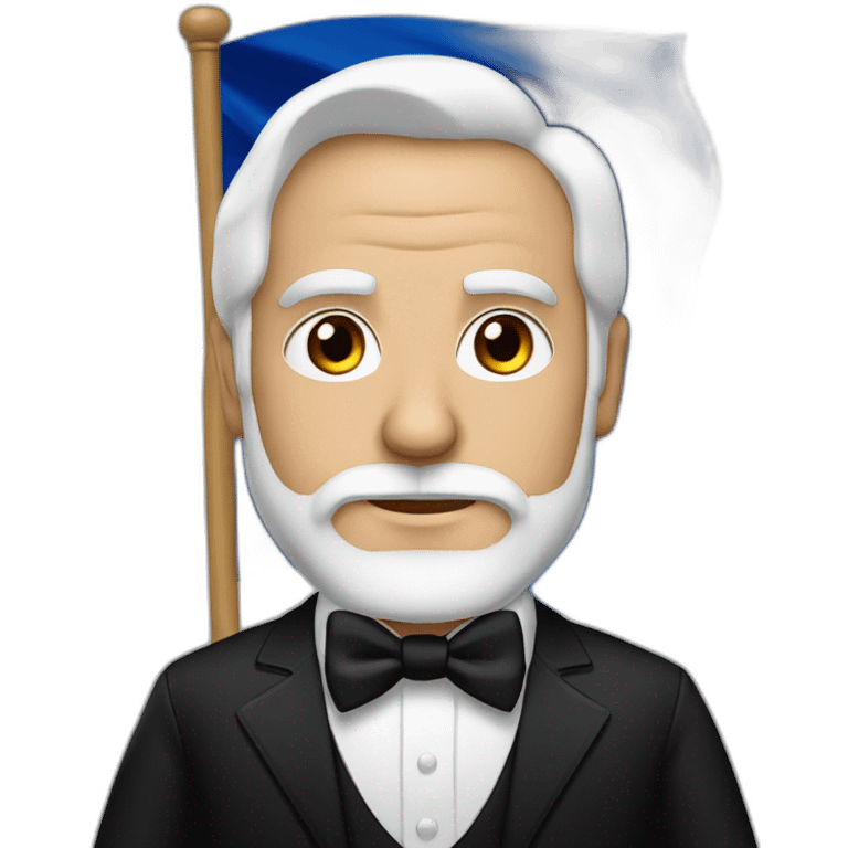 man with brown eyes, white hair and beard, dressed in black tuxedo carrying an armenian flag emoji