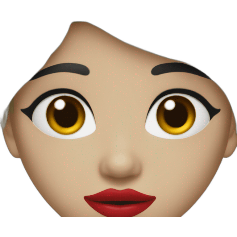 straight black hair,red lipstick,black eyes, white skin and a small nose emoji