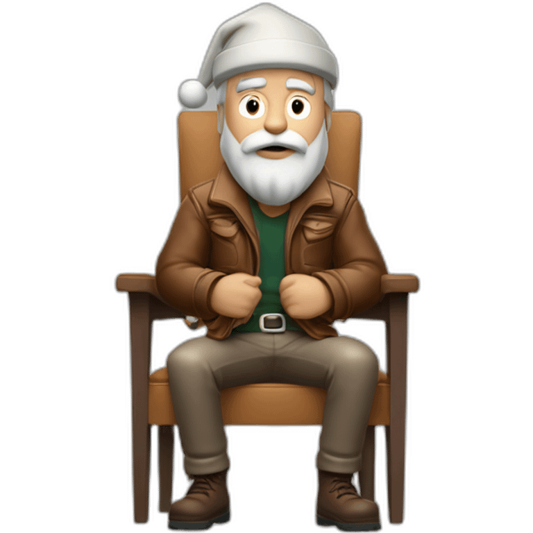 biff wiff short santa beard wearing a brown leather jacket and a paddy cap sitting in a folding directors chair looking angry(full body, ios17) emoji