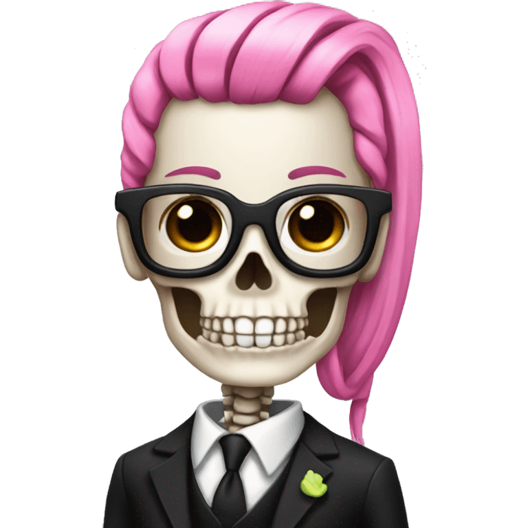 Skeleton emoji with a high pink ponytail wearing a black suit emoji