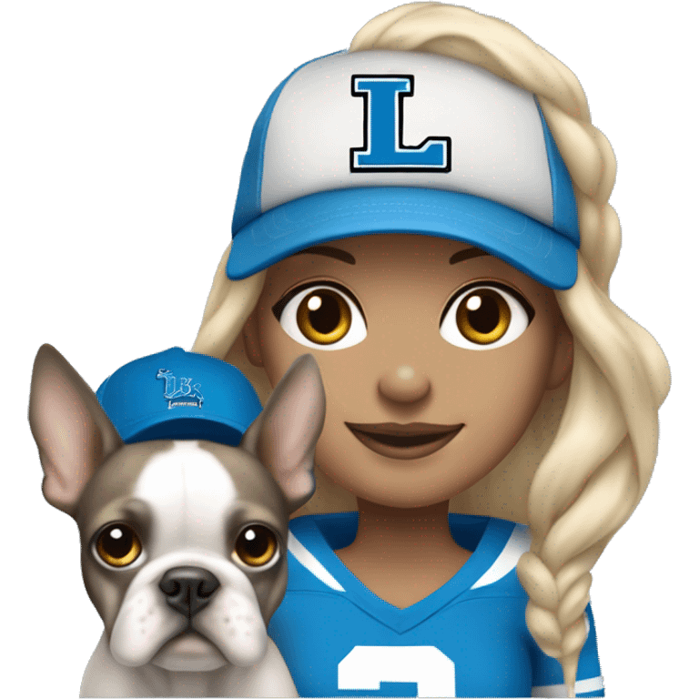 Agirl with shoulder length blond hair wearing a Detroit Lions hat and holding in her arms a gray and white Boston terrier emoji