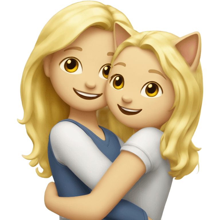 Blonde hair girl is huggin two cat which their color white and yellow and they are happy emoji