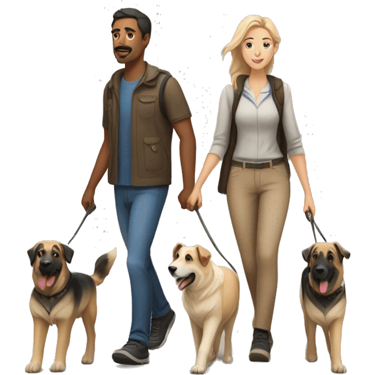 Couple walking with Anatolian shepherd and German shepherd  emoji