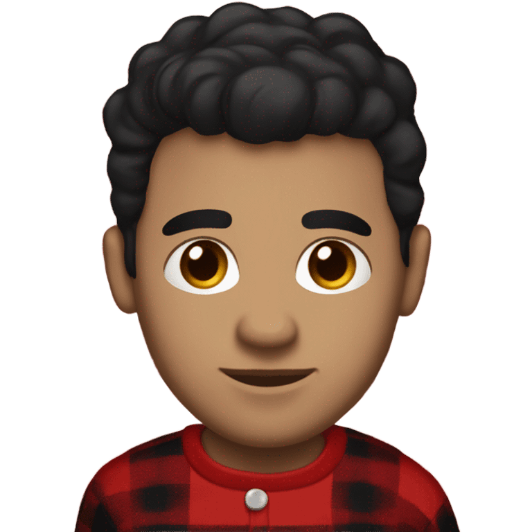 Man with black hair, light skin, brown eyes wearing red and black buffalo plaid pjs emoji