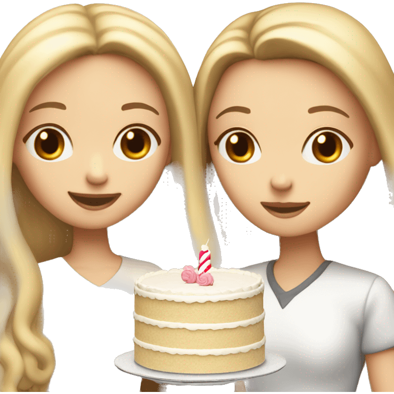 Girl with long blond hair and white girl with brown straight hair are holding big white cake emoji