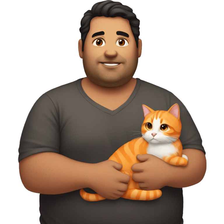 Dark haired overweight man holding large orange cat emoji