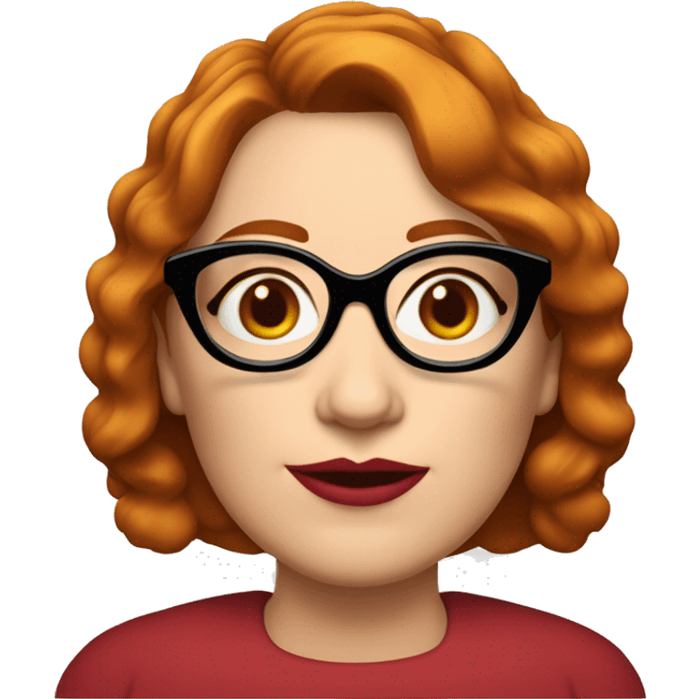 middle age woman with wrinkles with red wavy bobcut and black cateye glasses, pale skin and red lipstic emoji