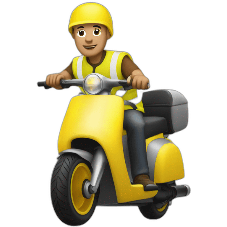 a bald man with a yellow safety vest and a yellow bicycle helmet on a scooter emoji