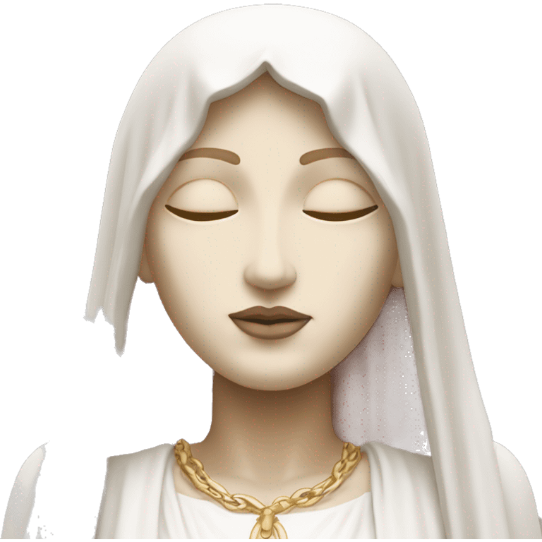 White and light pink Madonna statue with hands together eyes closed emoji