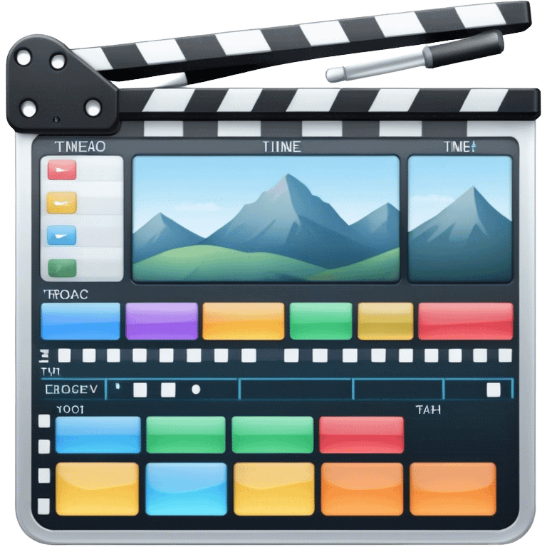 Create an emoji representing video editing. The design should feature a video editing software interface with a visible timeline, video clips, and audio tracks. Include elements like a film strip or a clapperboard to represent the filmmaking aspect. No smiley faces. Make the background transparent. emoji