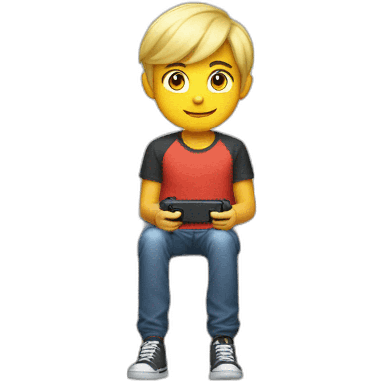 a 11 years old blonde boy seated in a sofa playing nintendo switch emoji