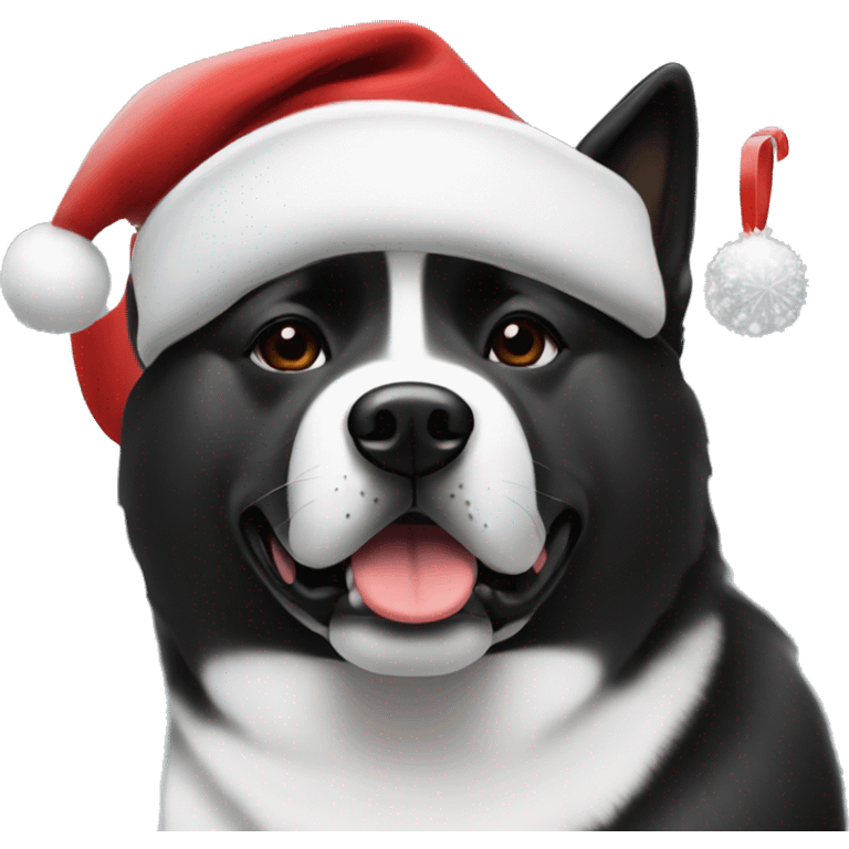 Black American akita wearing Christmas hat with his black and white American akita friend  emoji