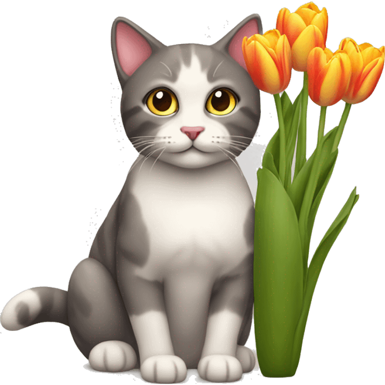 Gato con una flor de tulipanes  emoji