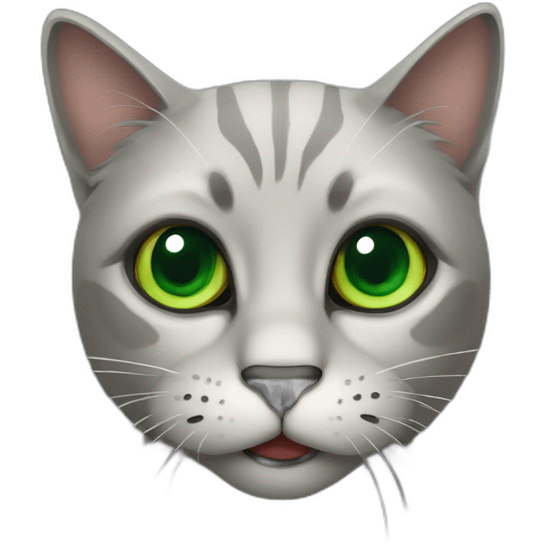 A dark cat with green eyes looking confused and meowing emoji