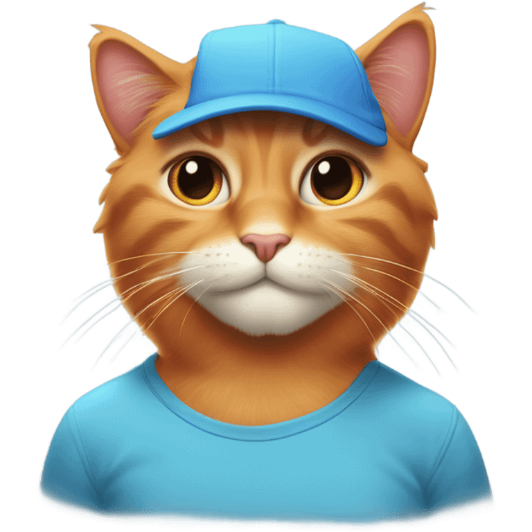 tan-red cat wearing a light-blue t-shirt and a blue base cap taps musical keyboard emoji