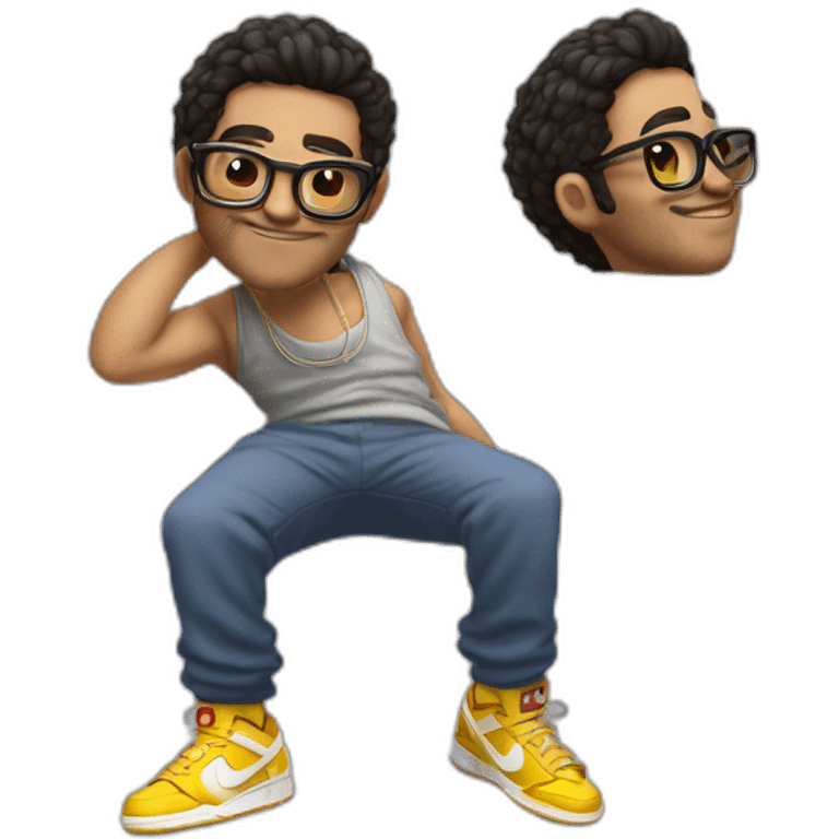 chico rubio  con lentes vestido con buzo y pantalone baggy y zapatillas nike dunk feliz cuerpo entero emoji