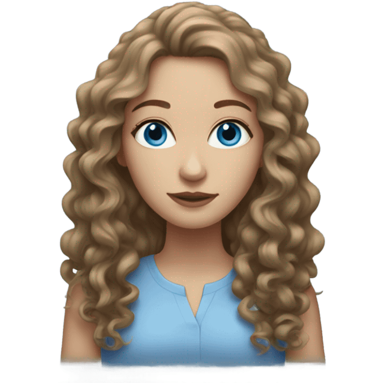 Pale woman with long mid brown curly hair and blue eyes emoji