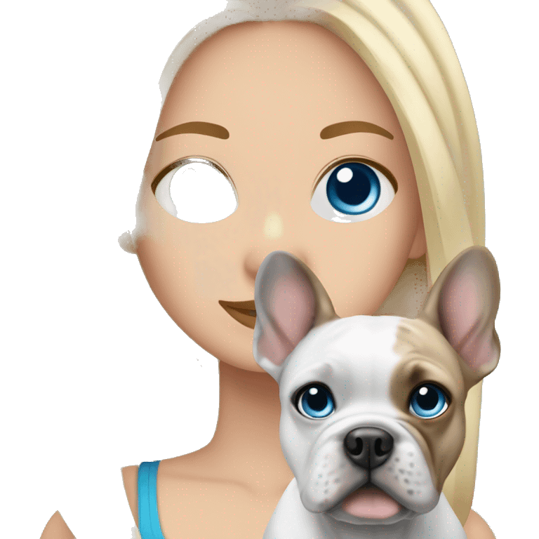 Blonde hair woman with blue eyes holding a merle Frenchie with blue eyes emoji