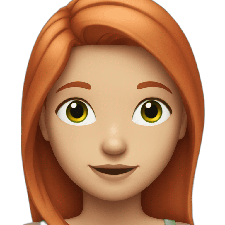 a girl with green eyes and red hair smiles broadly emoji