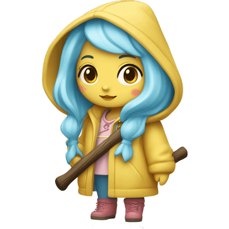 Cute little girl with light blue hair with peach skin, with yellow raincoat hooded with boots holding a wooden staff, with a cross necklace, Sanrio design emoji