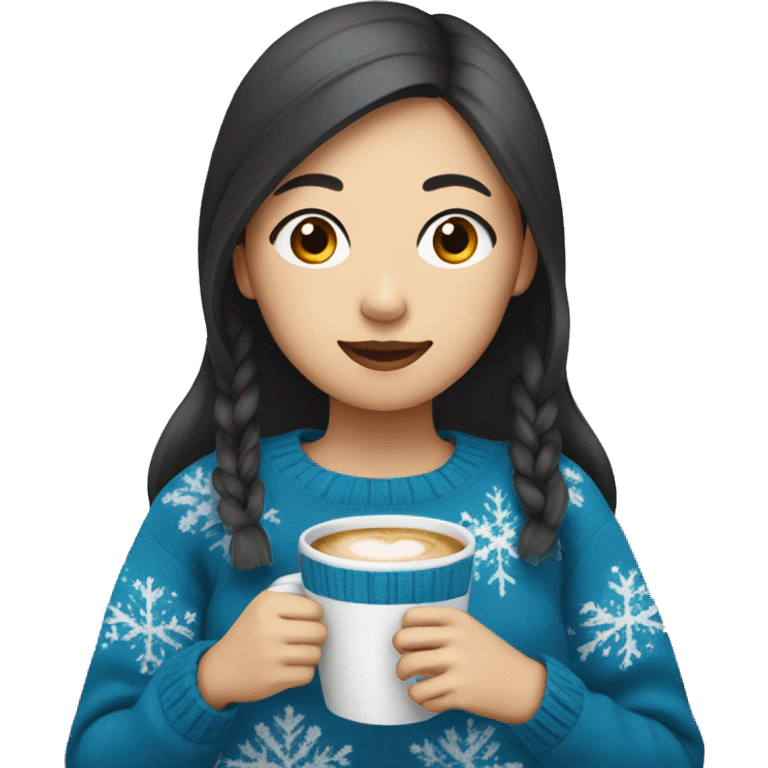 Asian girl drinking coffee wearing blue Christmas sweater emoji