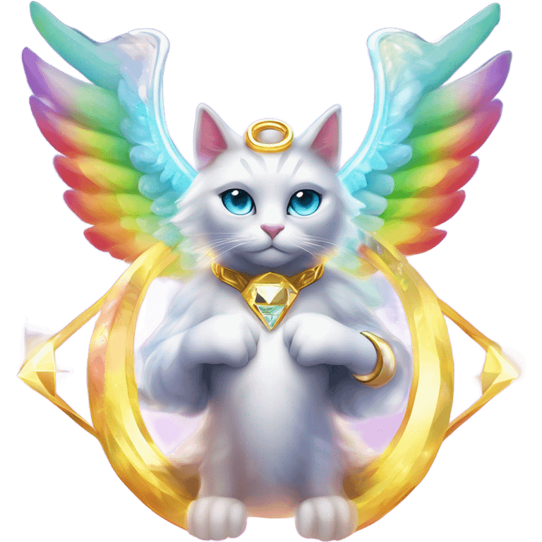 Omega ultra cosmic galactic hyperverseal alpha Transcendent Heavenly Rainbow 4d Diamond ultra mega surpream beyond Omni-Cat God with wings and a ring around its body and another ring above it’s head full body emoji