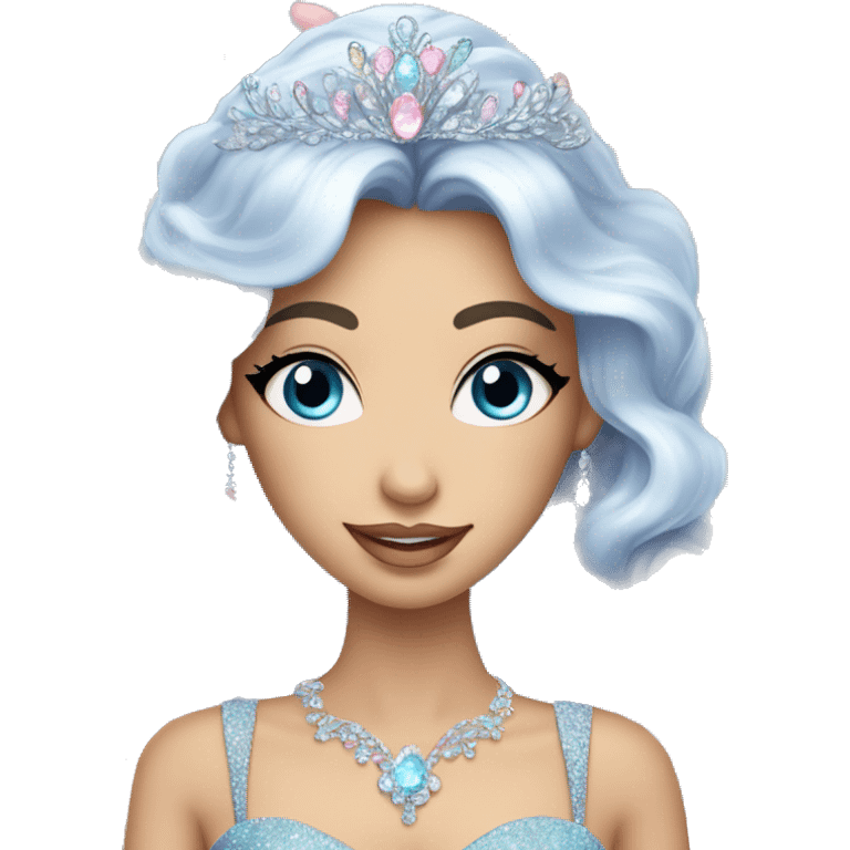 Gorgeous pastel Lady with dark hair blue eyes in a sparkly shiny dress with tiara and necklace and flowers behind her and trending  emoji