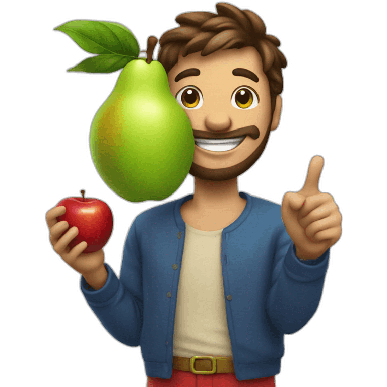 fruit man in fruit outfit smiling at the camera with an apple in his hand and pointing behind him emoji