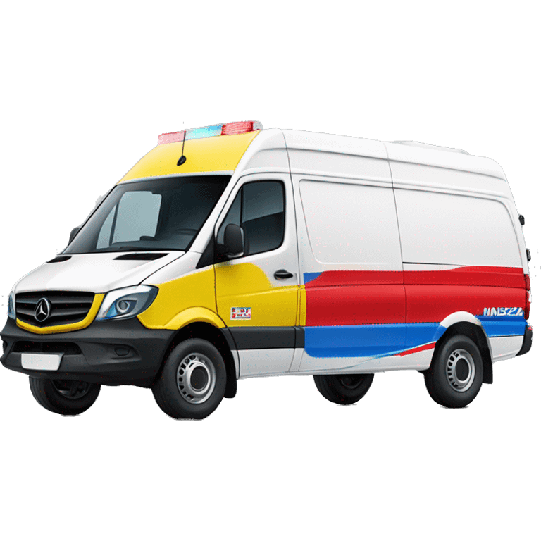 yellow medical mercedes sprinter with red-blue lightbar and on the side 1 red line with a hungarian flag and 1 OMSZ  label emoji