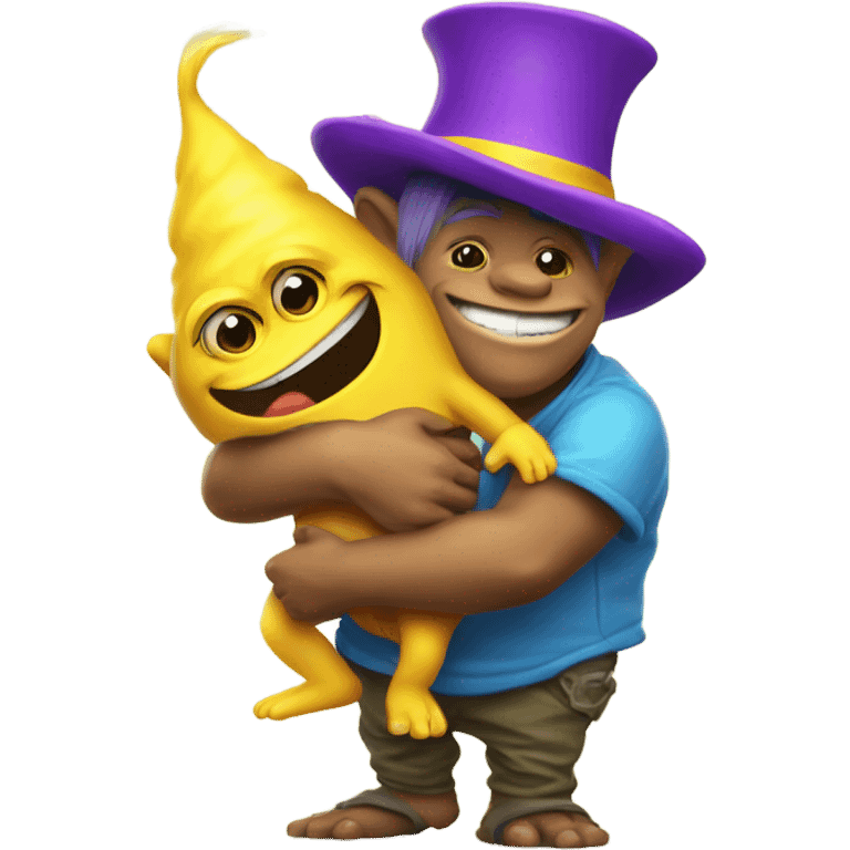 Flamboyant little troll with big part hugging a minion emoji