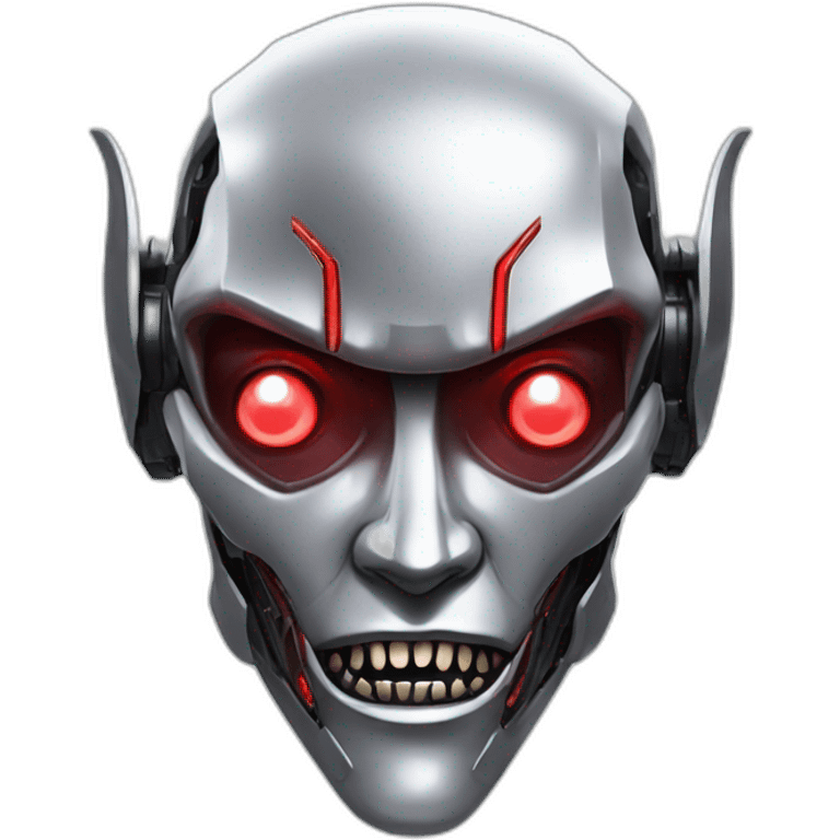 Cyber futuristic silver vampire robot face  red eyes, long ears and vampire fangs emoji