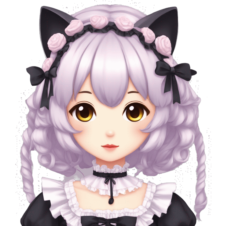 Gorgeous gothic Lolita anime style catgirl with blushing face with maid outfit laces headdress idol model kawaiicore pearly petite simplistic aesthetic trending style emoji