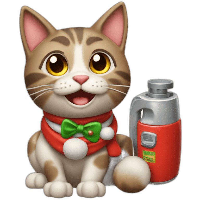 Gato disfrasado de santa claus, gordo y feliz, cargando gasolina emoji