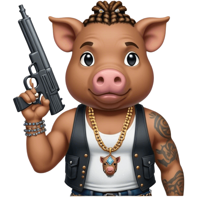 african-american race pig with dreads looking gangster with gun and tank top, with diamond blinging chain, with tattoos emoji