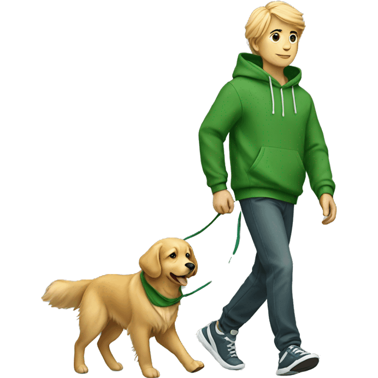 Boy in green hoodie walking golden retriever emoji